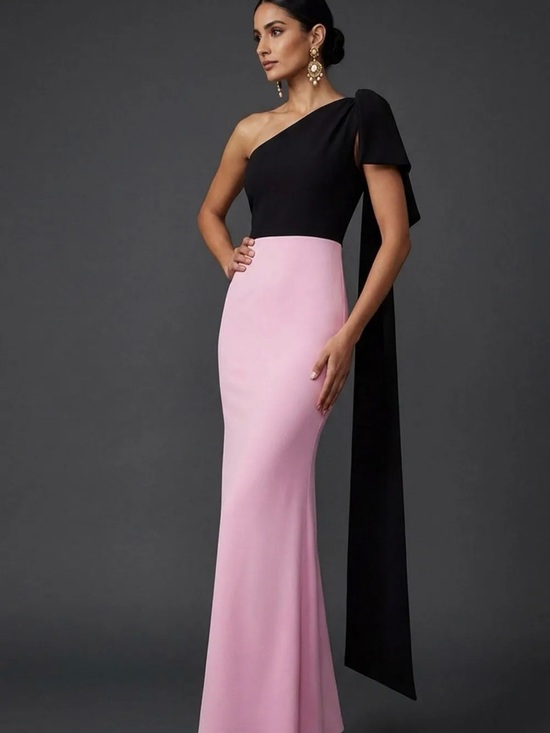 Dresses & Skirts - One-Shoulder Black and Pink Evening Gown